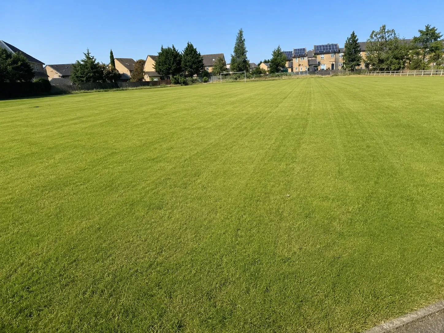 The field: a wide, freshly mown grass pitch with goalposts at the far end, bounded by fencing and houses beyond, under a clear blue sky.